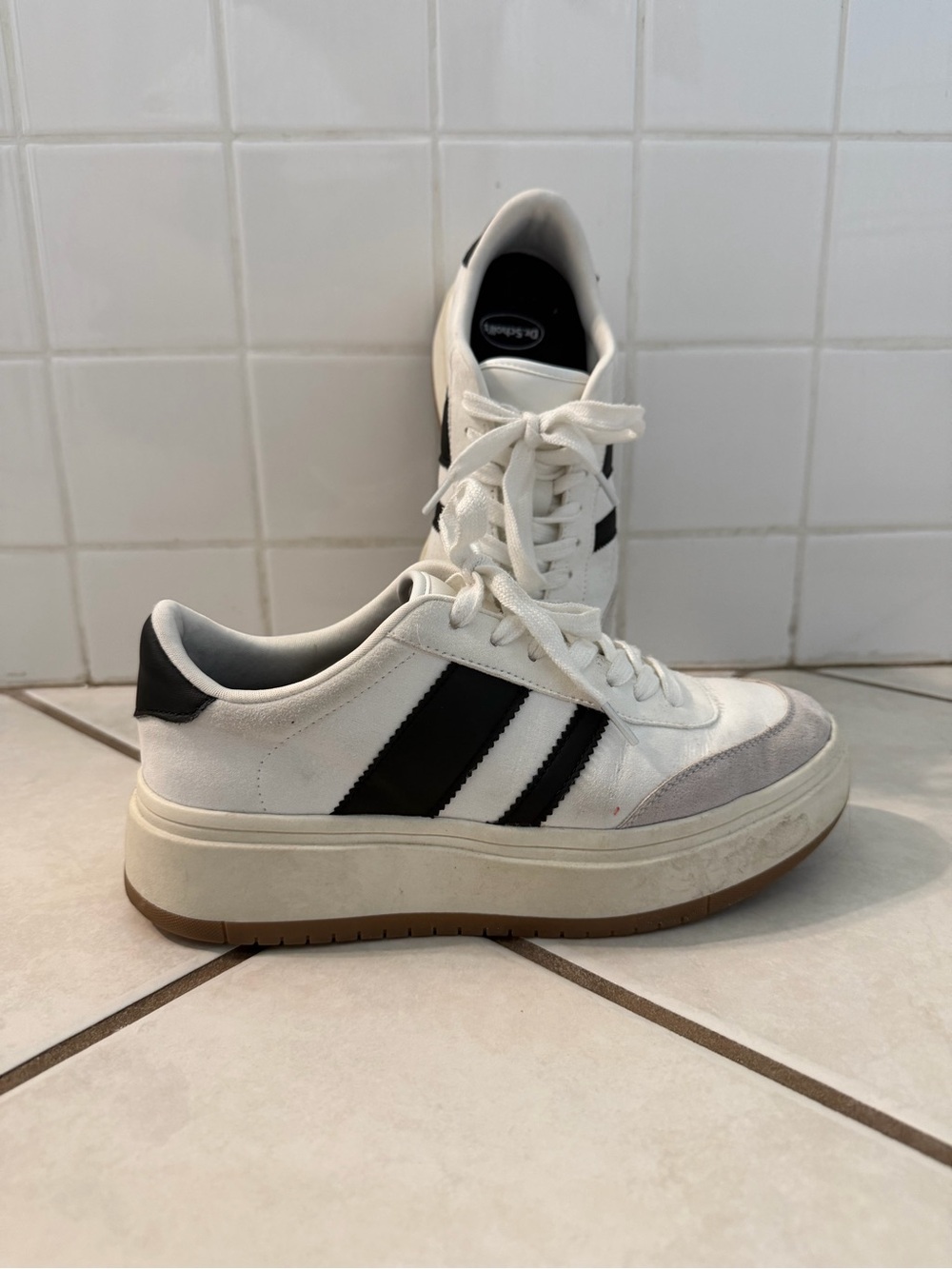 White Sneakers with Black Stripes - Women's Casual Platform Sneaker Size 8